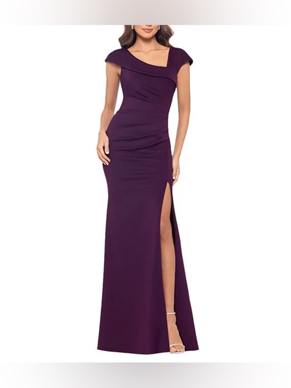Xscape Women's Long Bodycon Formal Evening Gown with Cap Sleeves Asymmetrical
